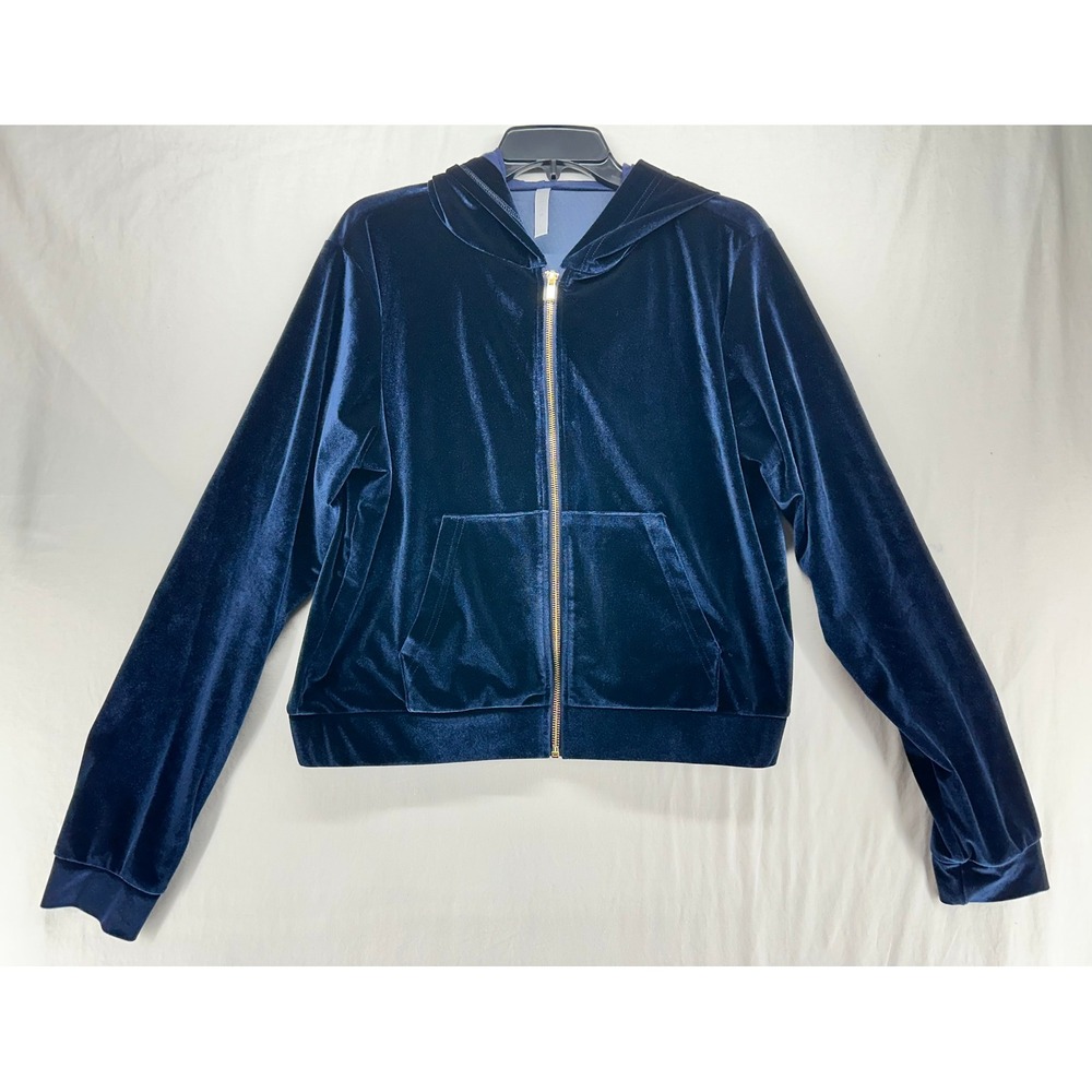 Fabletics Navy Blue Velour Full Zip Hoodie Gold Zipper Jacket Womens Large